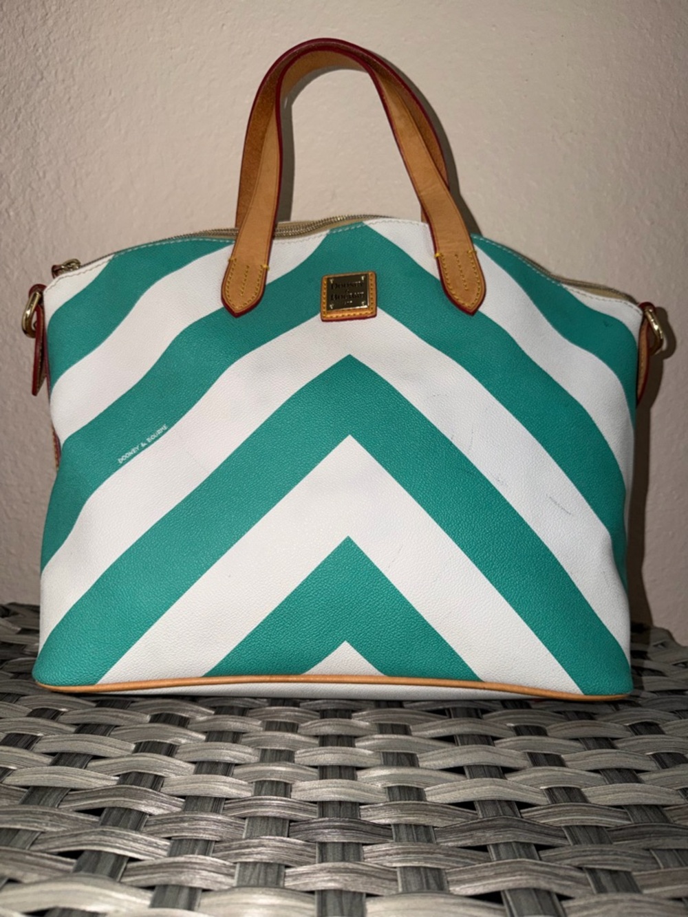 Dooney & Bourke Olivia Chevron Satchel Teal & White Stripes - Leather Top Handle - Picture 3 of 15